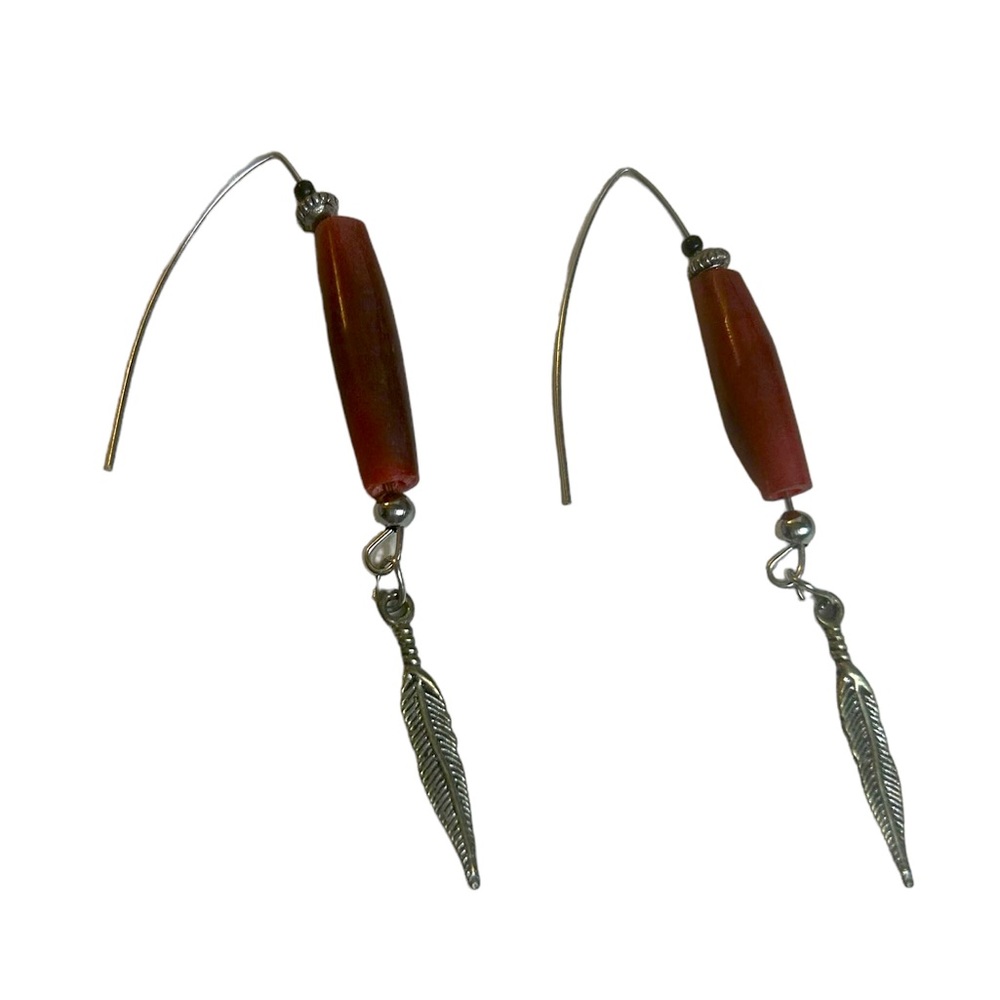 Red Horn Bead Earrings Silver Tone Feathers Handmade Native American Jewelry